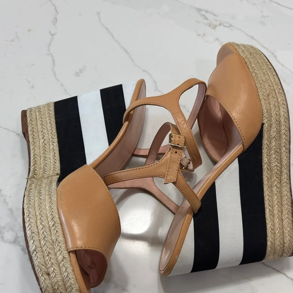 kate spade tan and black striped espadrille wedge sandals